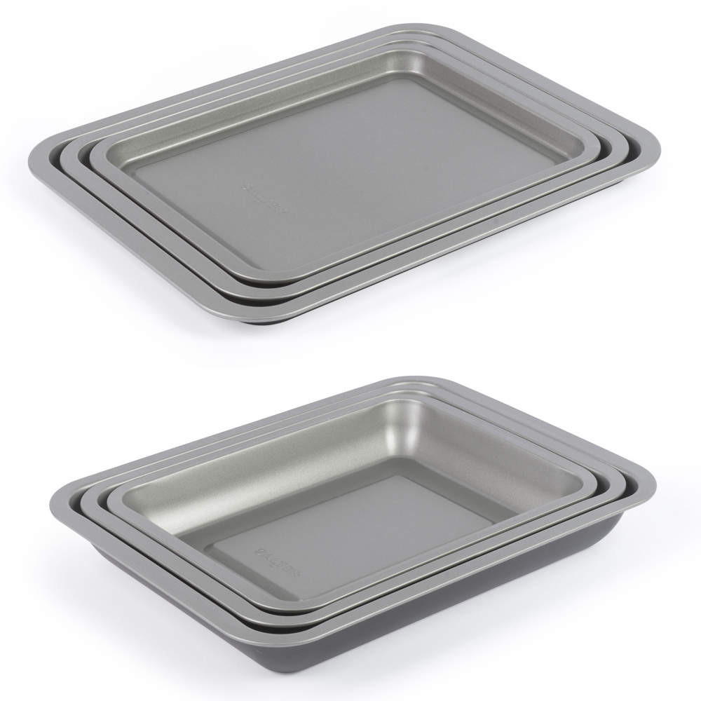 Set of three non-stick silver baking trays, stacked, shown from above and side.
