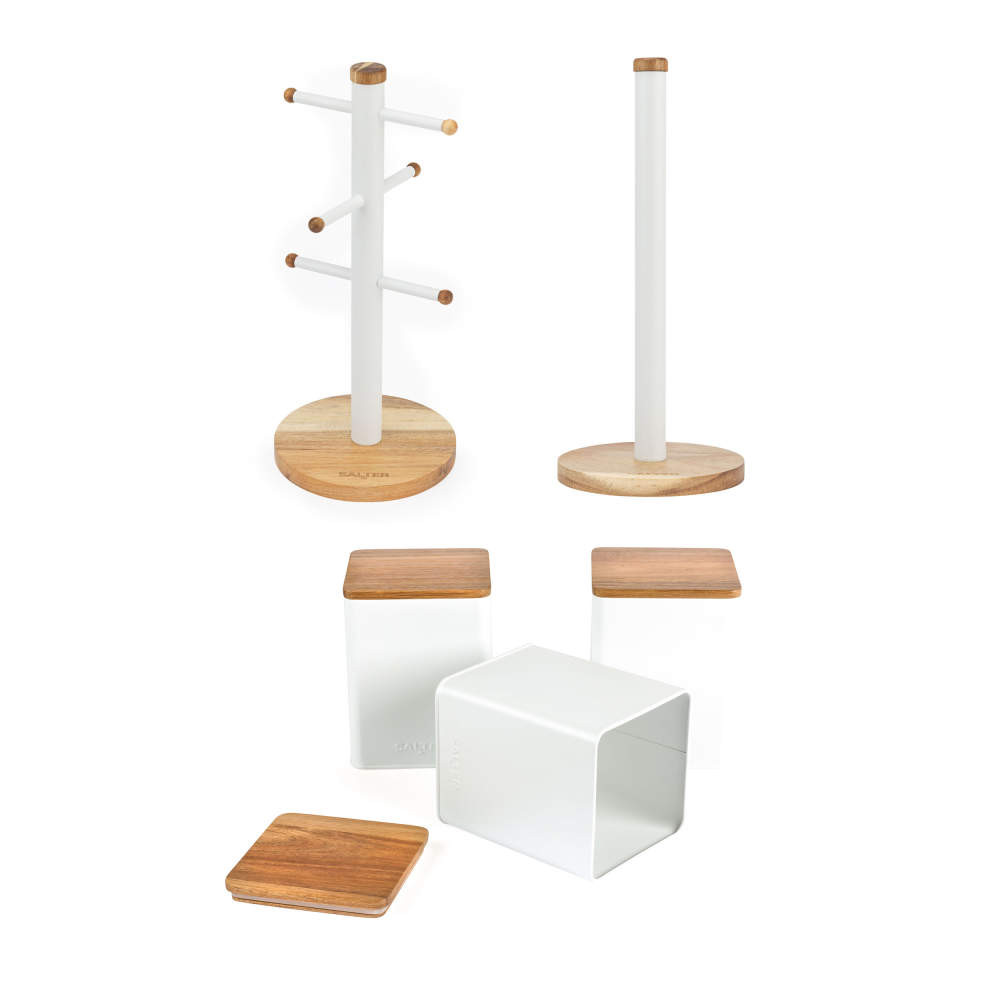 White and wood kitchen storage set with canisters, mug tree, and towel holder