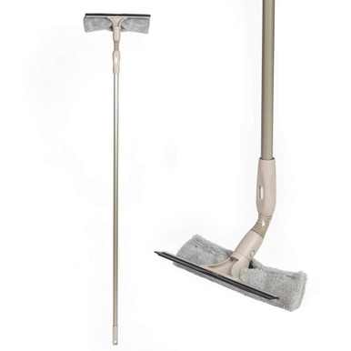 Beige extendable mop with grey microfibre pad and squeegee, shown front and close-up.