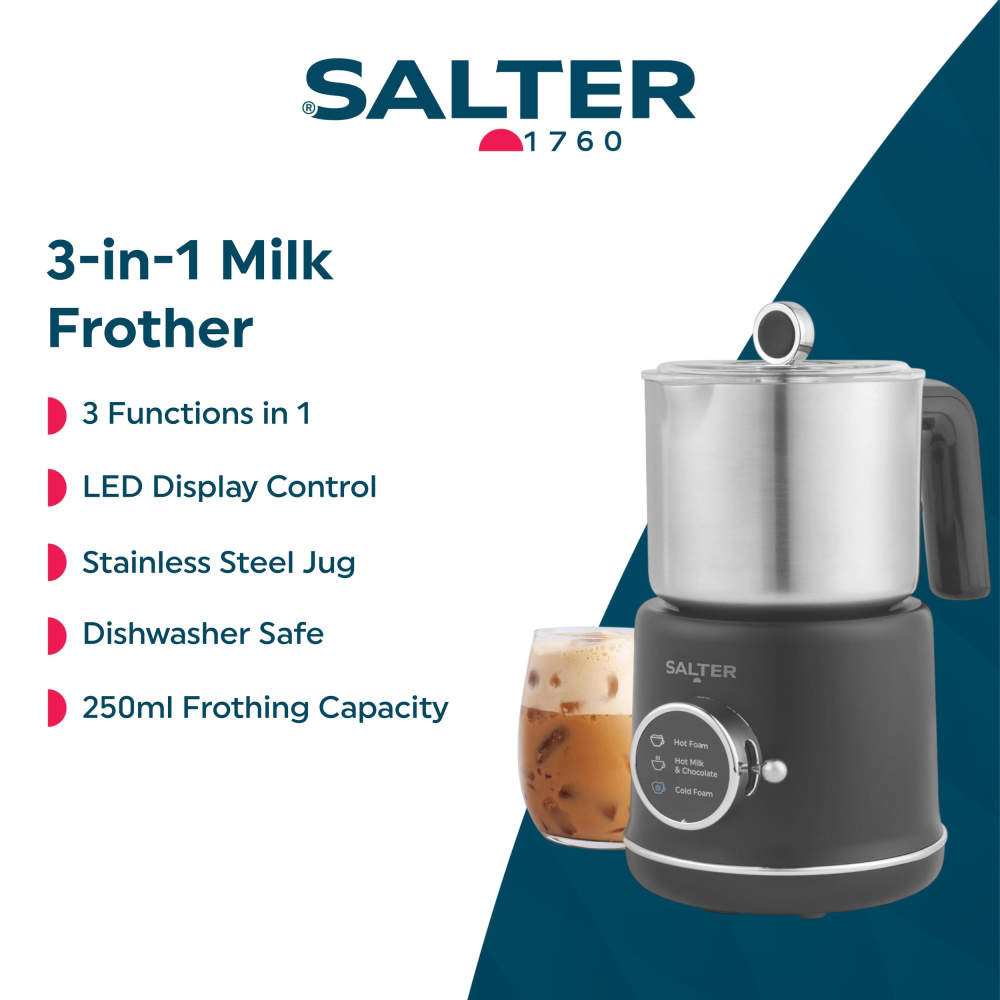 Salter 3-in-1 milk frother with stainless steel jug, LED control, and iced latte in glass.