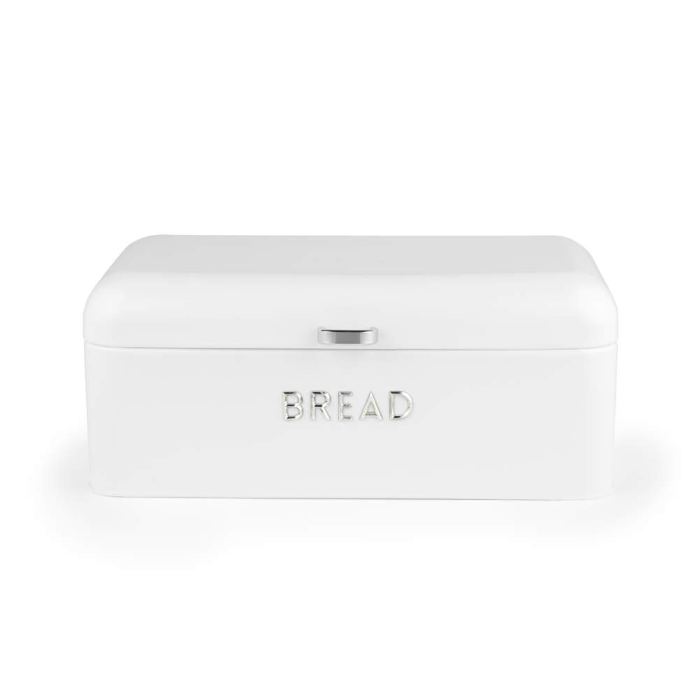 White metal bread bin with lift-up lid, front view, embossed 'BREAD' text.