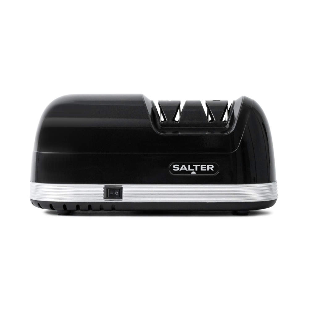 Black electric knife sharpener with Salter logo, shown from the side.