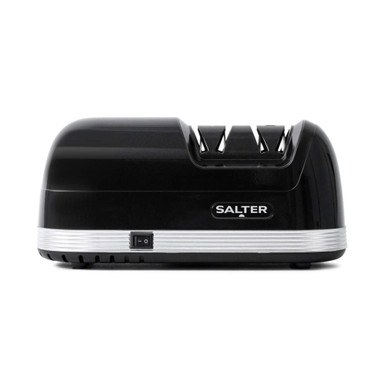 Black electric knife sharpener with Salter logo, shown from the side.