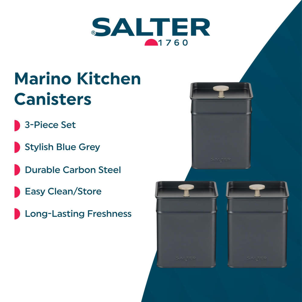 Set of three blue-grey square kitchen canisters with lids, Salter brand.