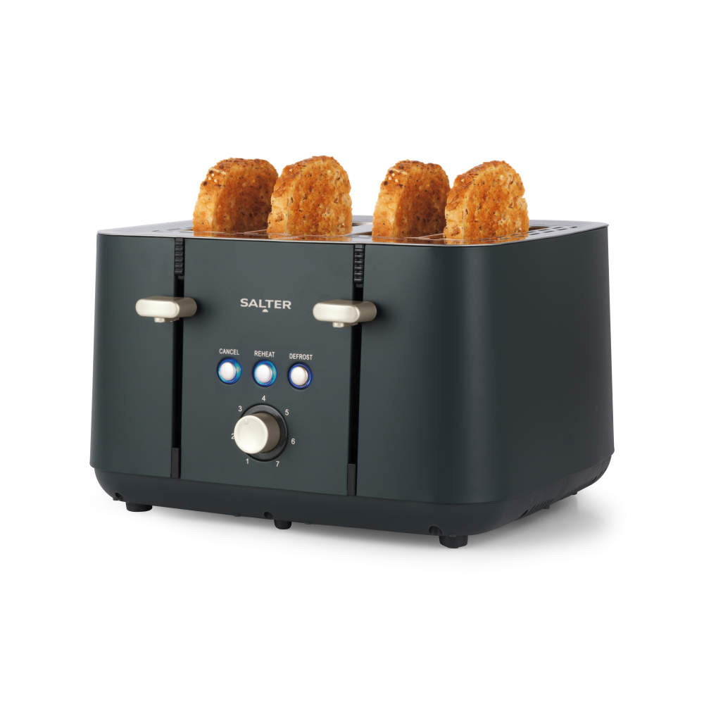 Grey four-slice toaster with four slices of toast