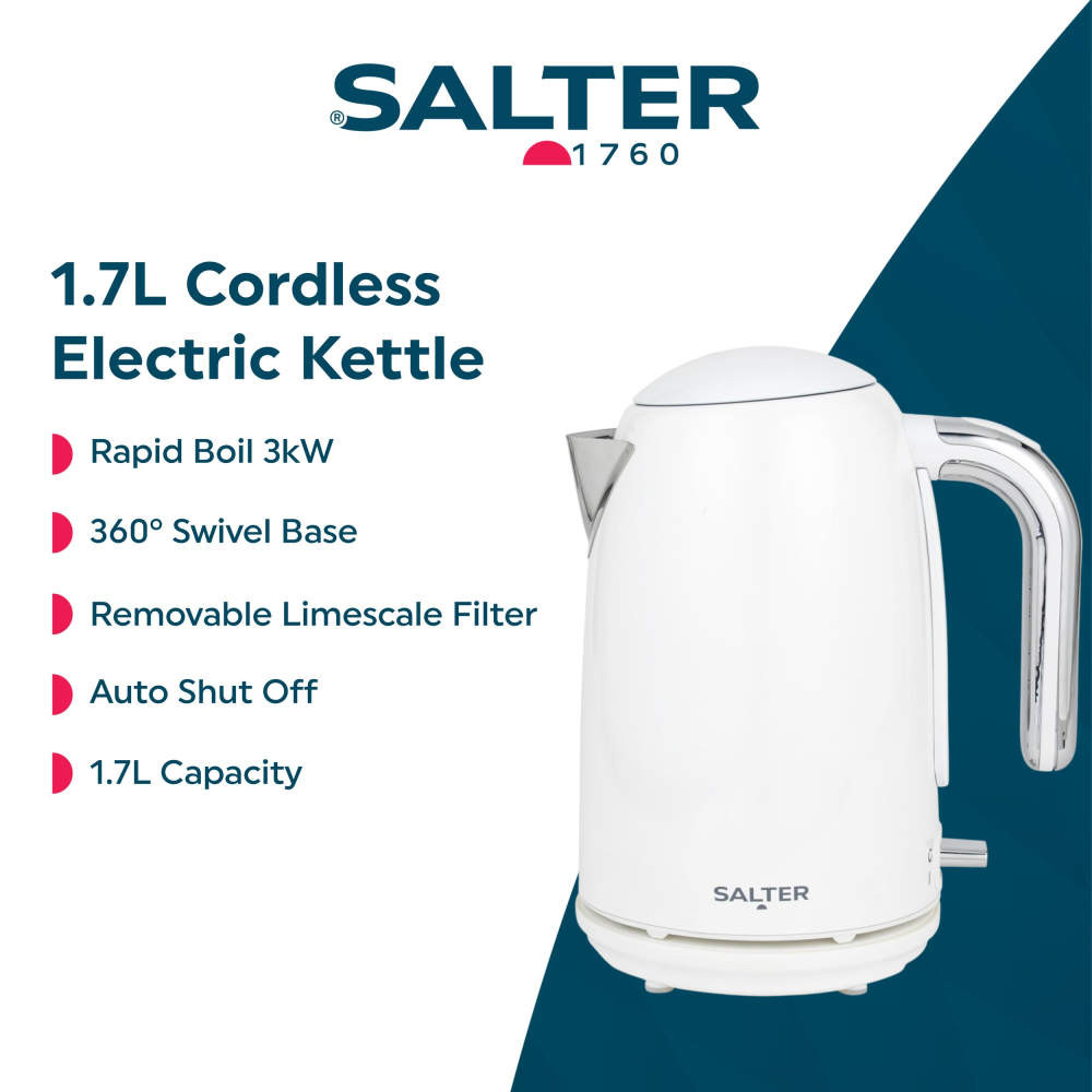 White cordless electric kettle, 1.7L, rapid boil with limescale filter and swivel base.
