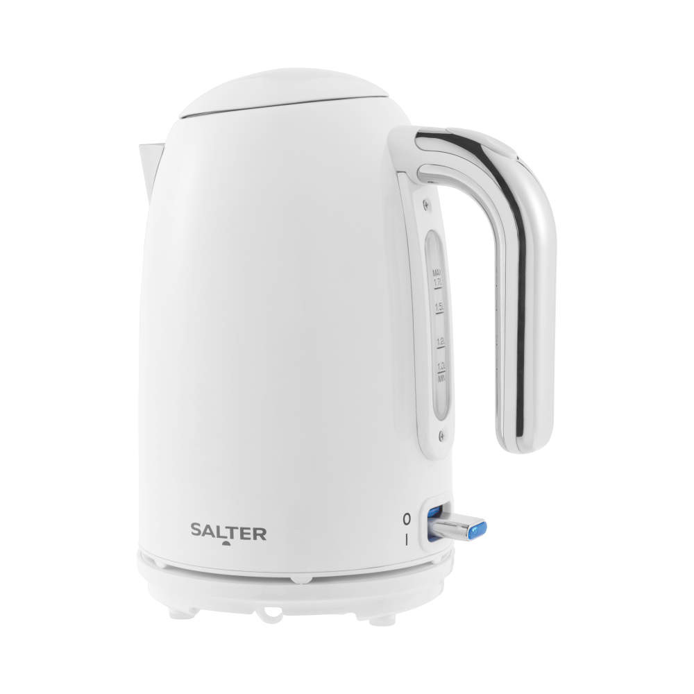 White electric kettle with water level window and side handle