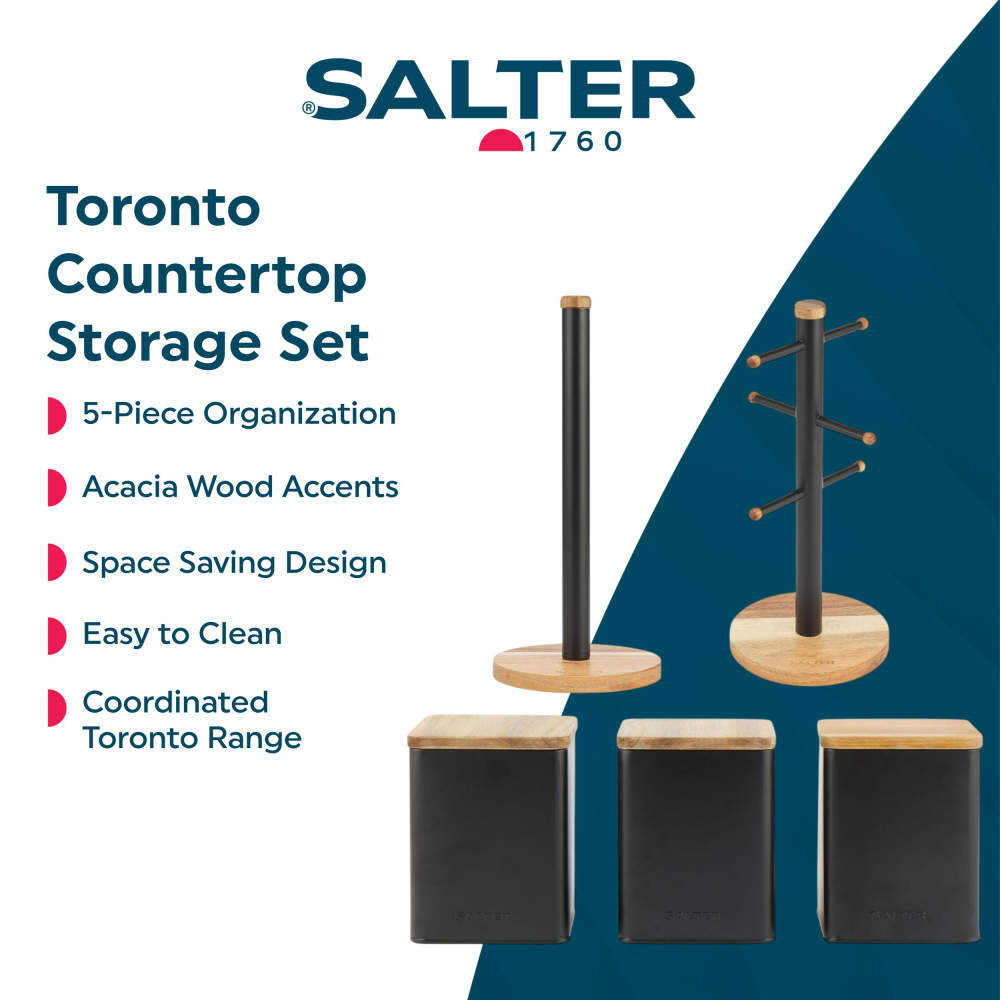 5-piece kitchen storage set with black metal and acacia wood, includes canisters, towel and mug holders