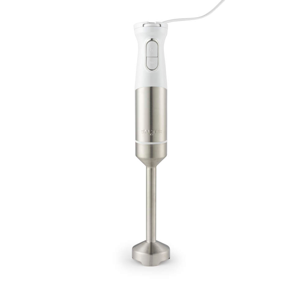 Silver and white handheld stick blender with stainless steel shaft, shown upright.