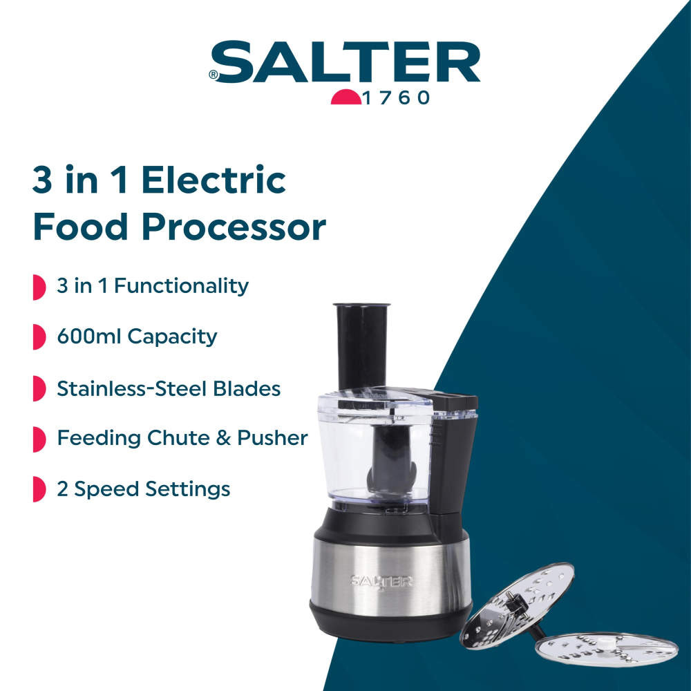 Salter electric 3 in 1 food processor with 600ml bowl, two discs, and stainless-steel blades