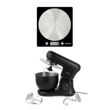 Salter black stand mixer with bowl and attachments, shown with digital kitchen scale