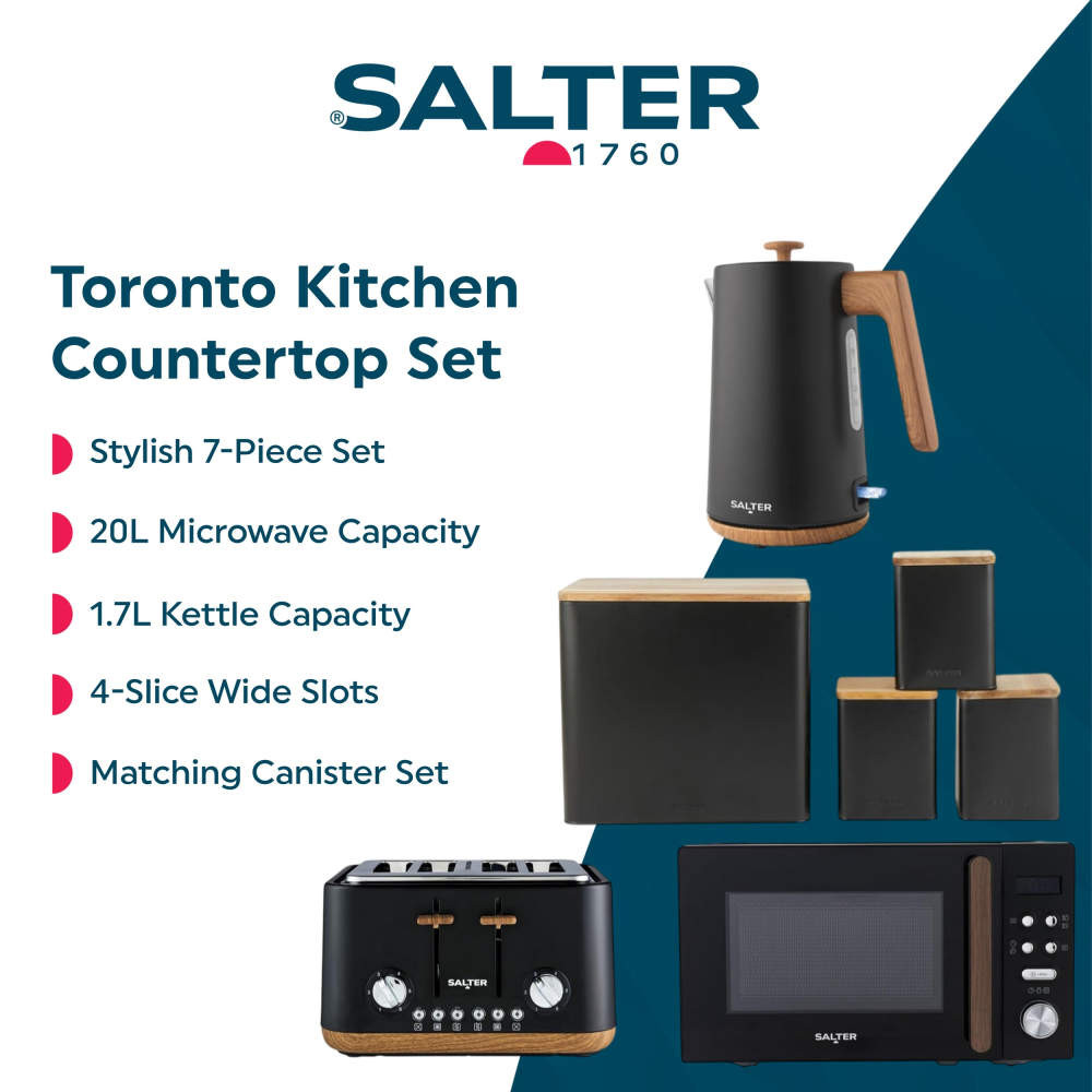 Banner: Salter Toronto Kitchen Countertop Set with black kettle, toaster, microwave, and canisters.