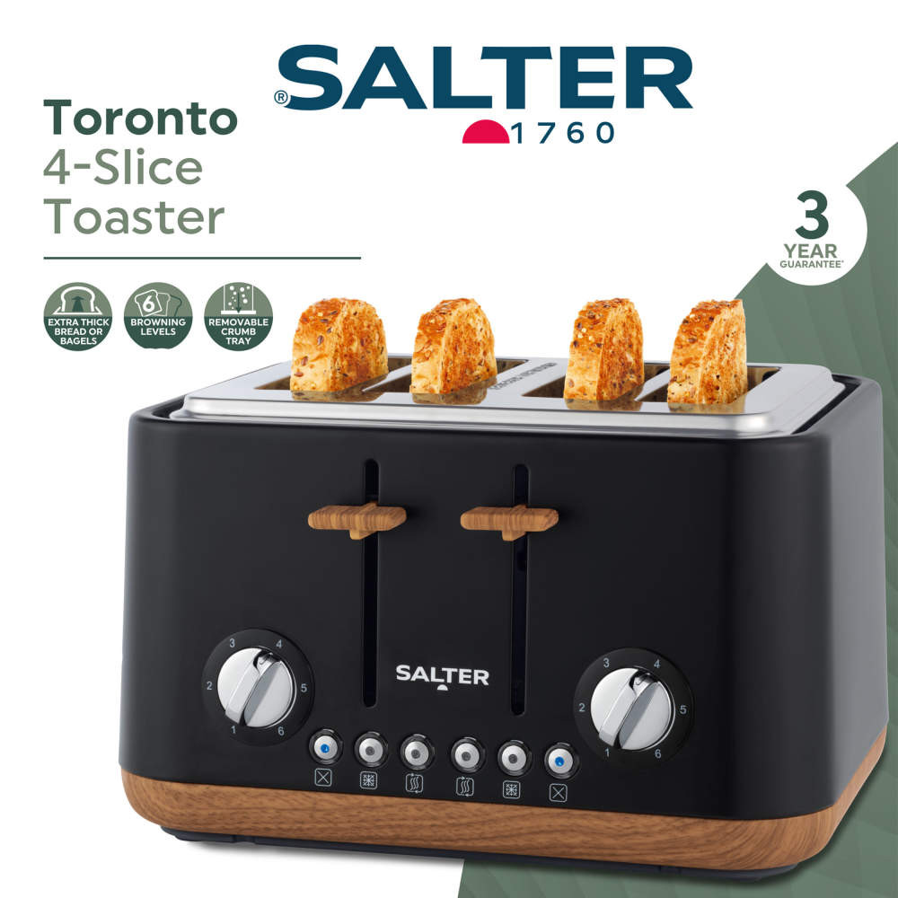 Black 4-slice toaster with wooden accents, showing toasted bread in slots