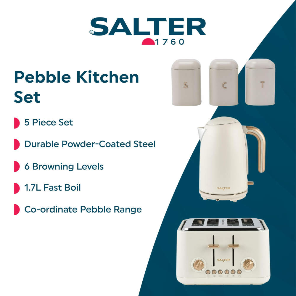 Salter Pebble Kitchen Set with cream kettle, toaster, and storage canisters.