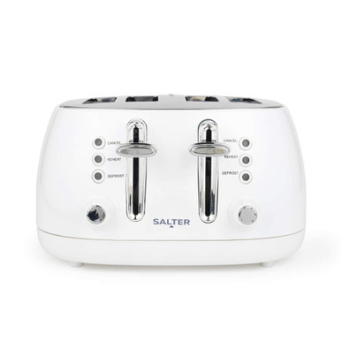 Four-slice white Salter toaster with cancel, reheat and defrost buttons, front view