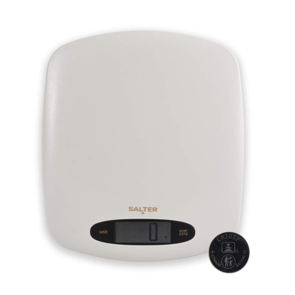White Salter digital kitchen scale with display showing zero, top view.