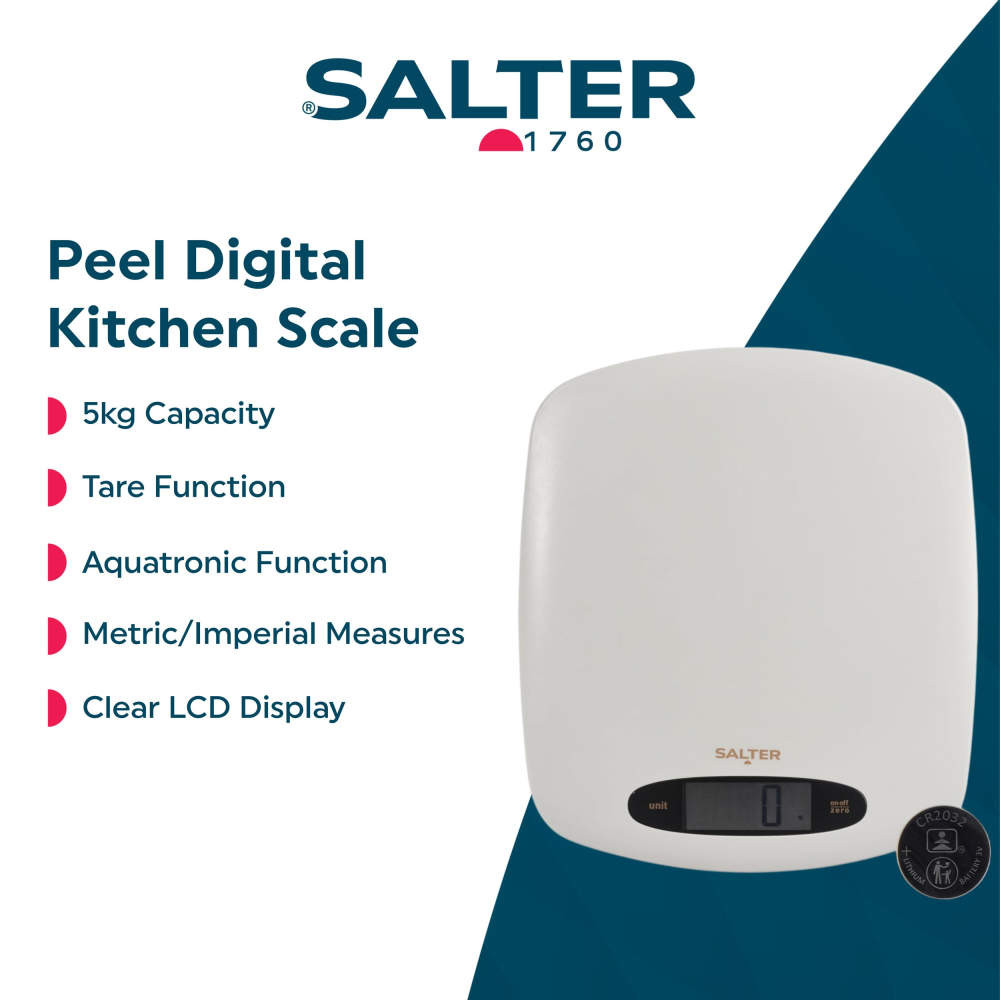 White Salter digital kitchen scale with LCD display and 5kg capacity, shown with key features listed.
