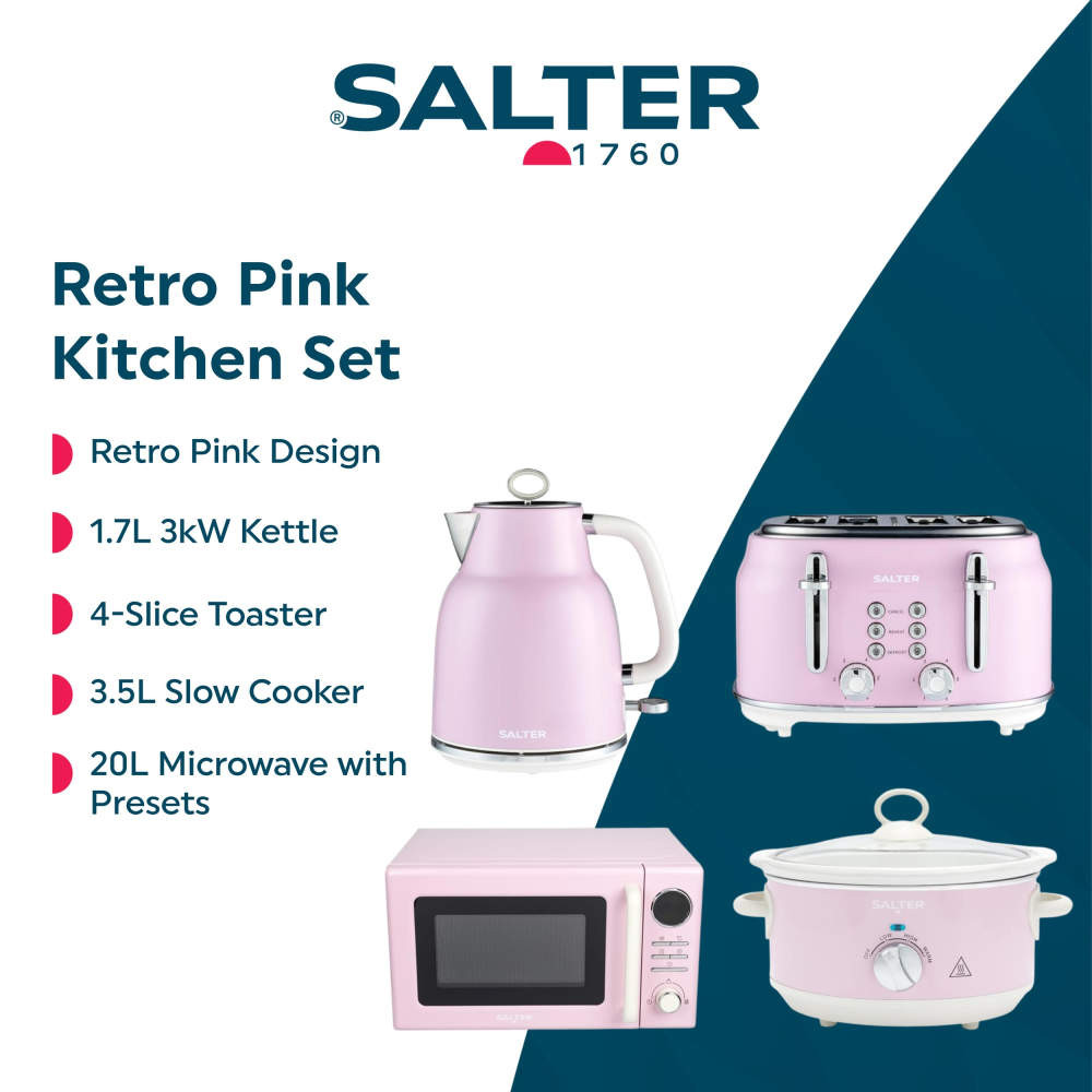 Banner showing Salter Retro Pink Kitchen Set with pink kettle, toaster, microwave, and slow cooker.