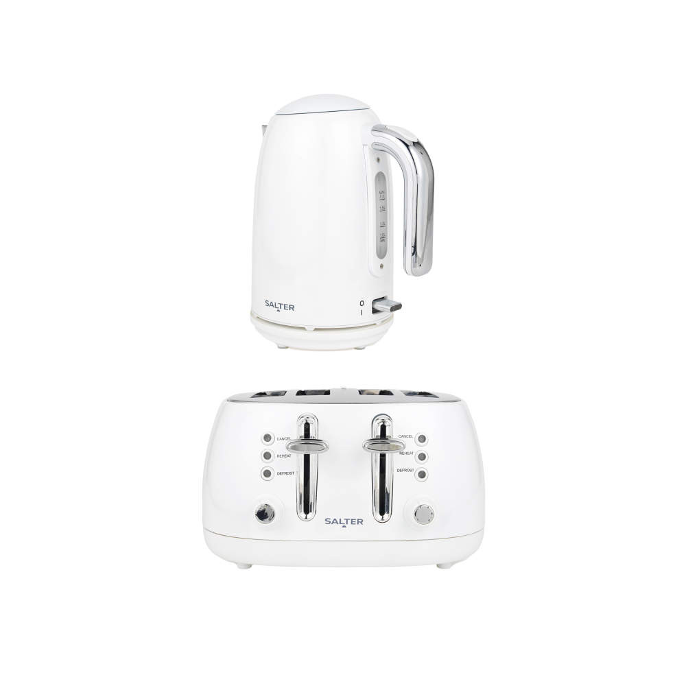 White Salter electric kettle and four-slice toaster set, shown front view.