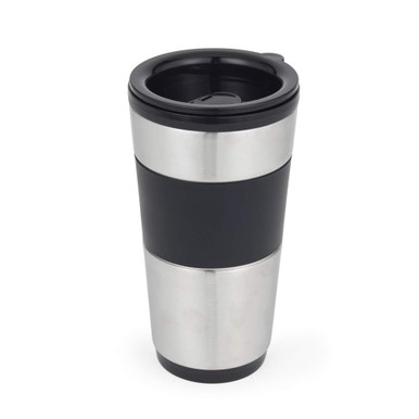 Black and silver insulated travel mug with lid, shown upright against white background