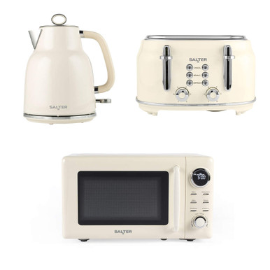 Cream kettle, four-slice toaster and microwave set on white background