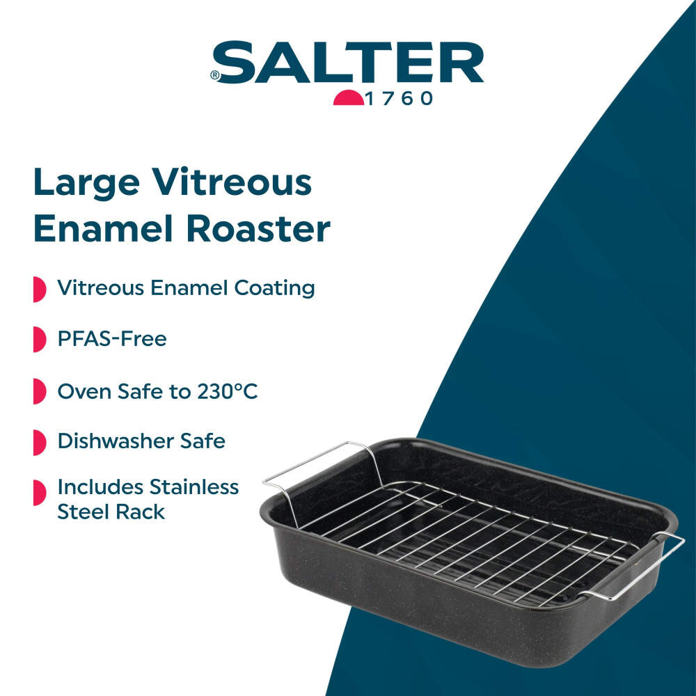 Black vitreous enamel roasting tray with stainless steel rack, PFAS-free, oven safe to 230°C