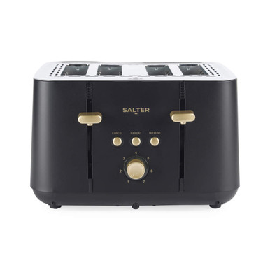 Black four-slice toaster with gold controls, front view