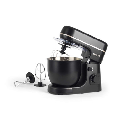 Black stand mixer with stainless steel bowl, shown with whisk, dough hook and beater attachments