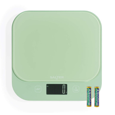 Green digital kitchen scale with LCD display and two AA batteries
