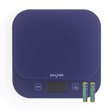 Salter blue digital kitchen scale with two AA batteries, top down view