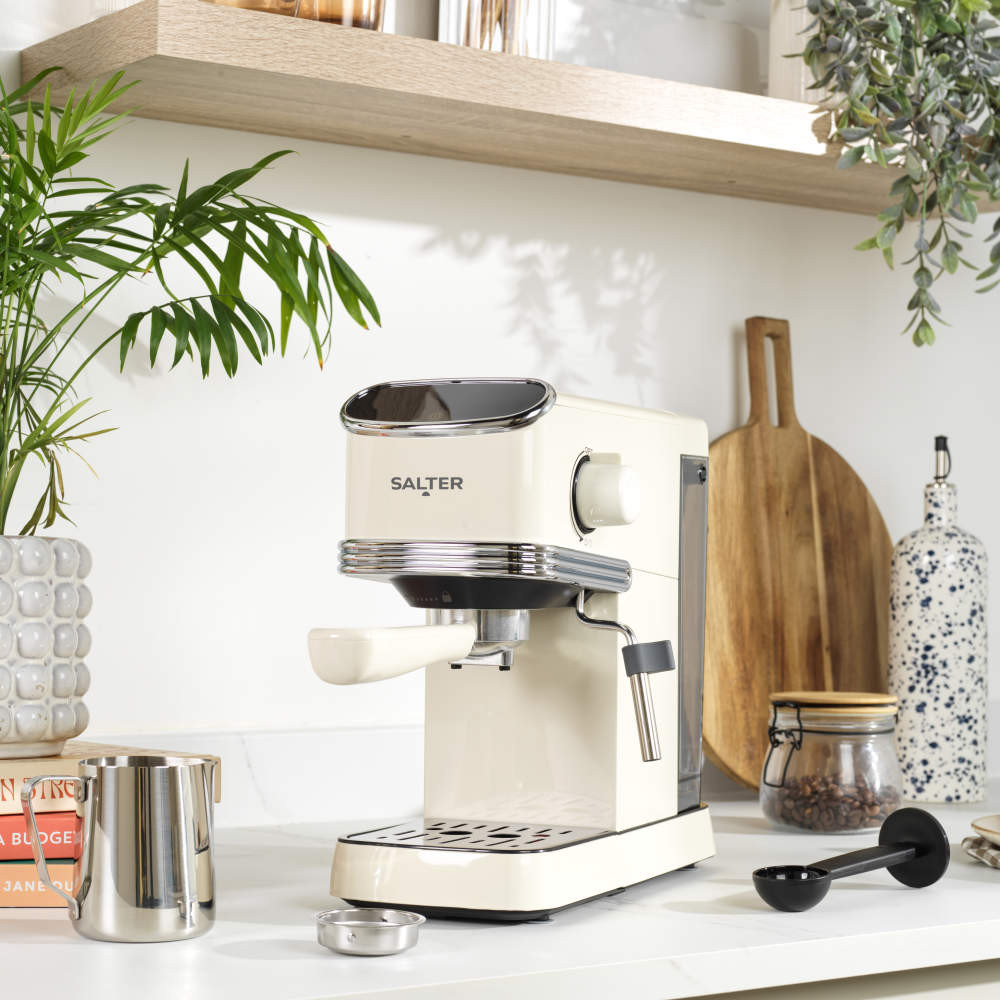 Cream Salter espresso coffee machine with steam wand and portafilter, side angle