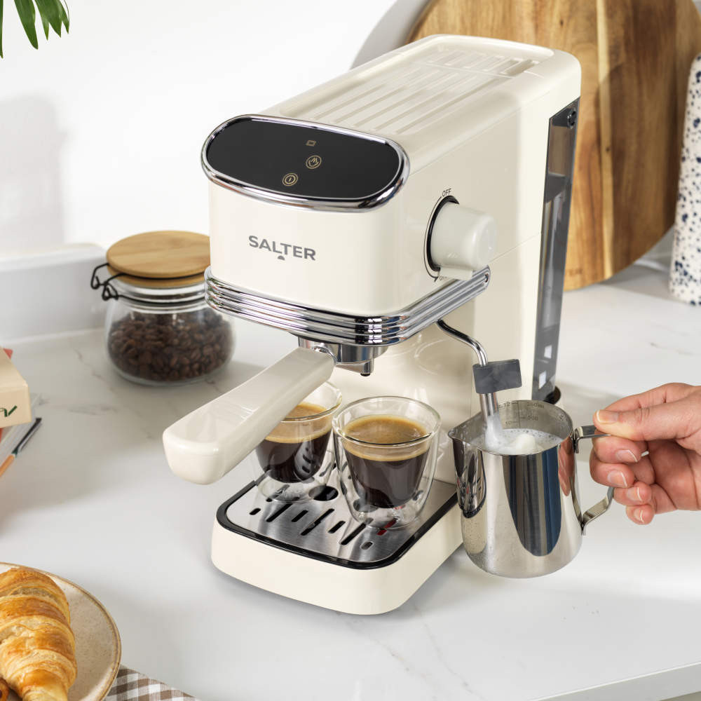 Salter retro espresso machine in cream, pictured on retail box packaging