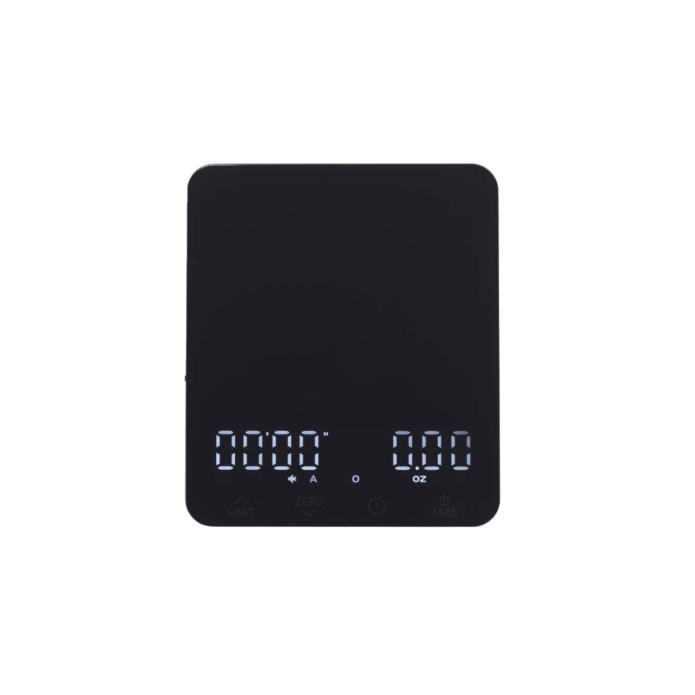 Black digital kitchen scale with illuminated display, shown from above