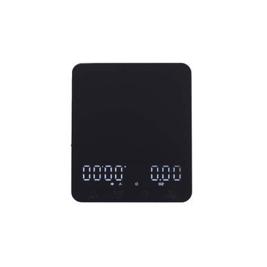 Black digital kitchen scale with illuminated display, shown from above