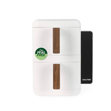 White double air fryer with wood-effect handles, PFAS free, Salter branding visible