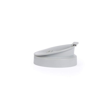 Grey plastic flip-top bottle lid, shown from the side on a white background
