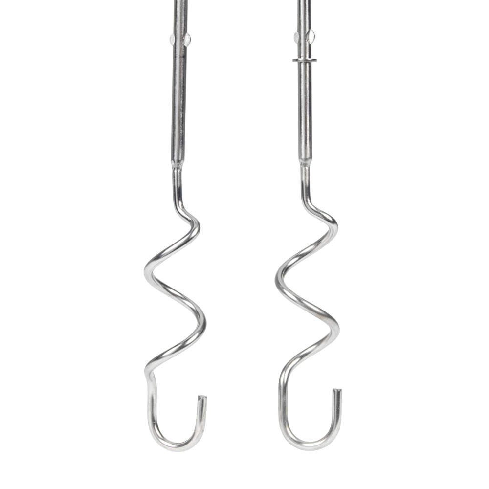 Pair of stainless steel dough hooks for electric hand mixer, shown on white background