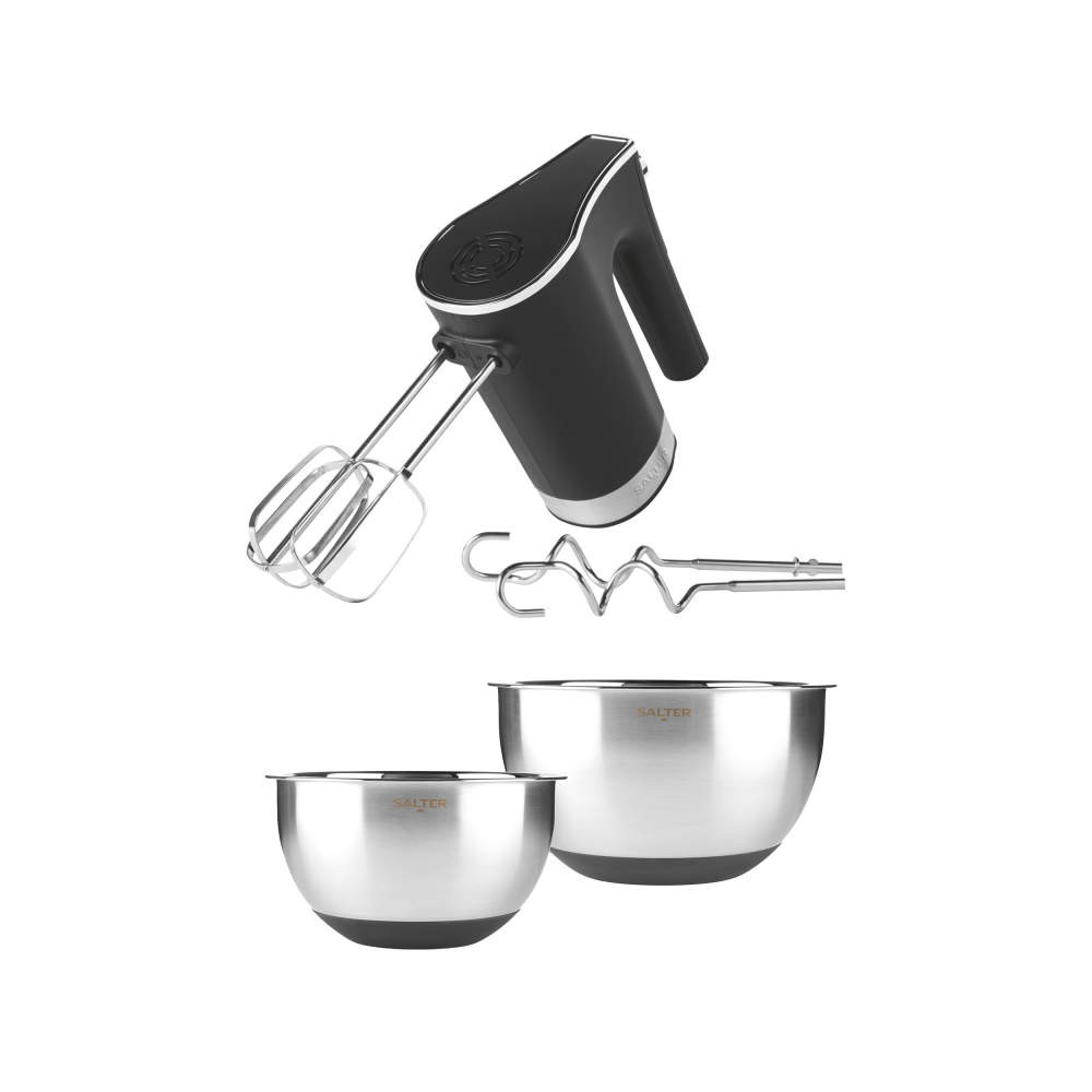 Black hand mixer with beaters, dough hooks and two stainless steel mixing bowls.