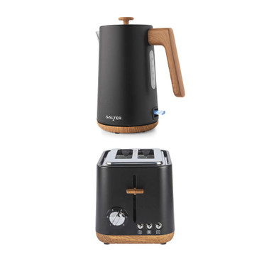 Black kettle and 2-slice toaster set with wood effect handles and accents