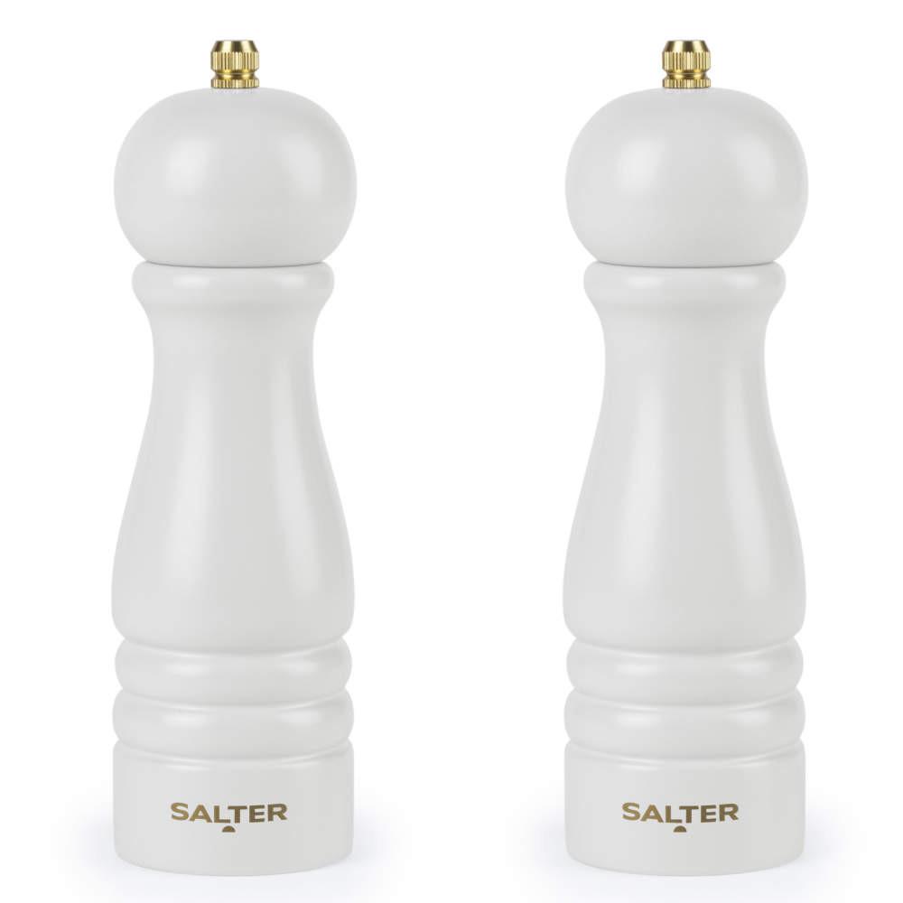 Set of two white Salter mills with gold tops, suitable for salt and pepper.