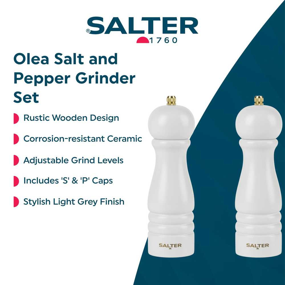 Two light grey wooden salt and pepper grinders, set on white, with key features listed.