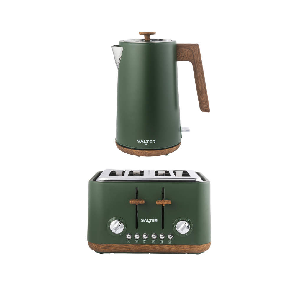 Salter kettle and four-slice toaster set in matte green with wood accents