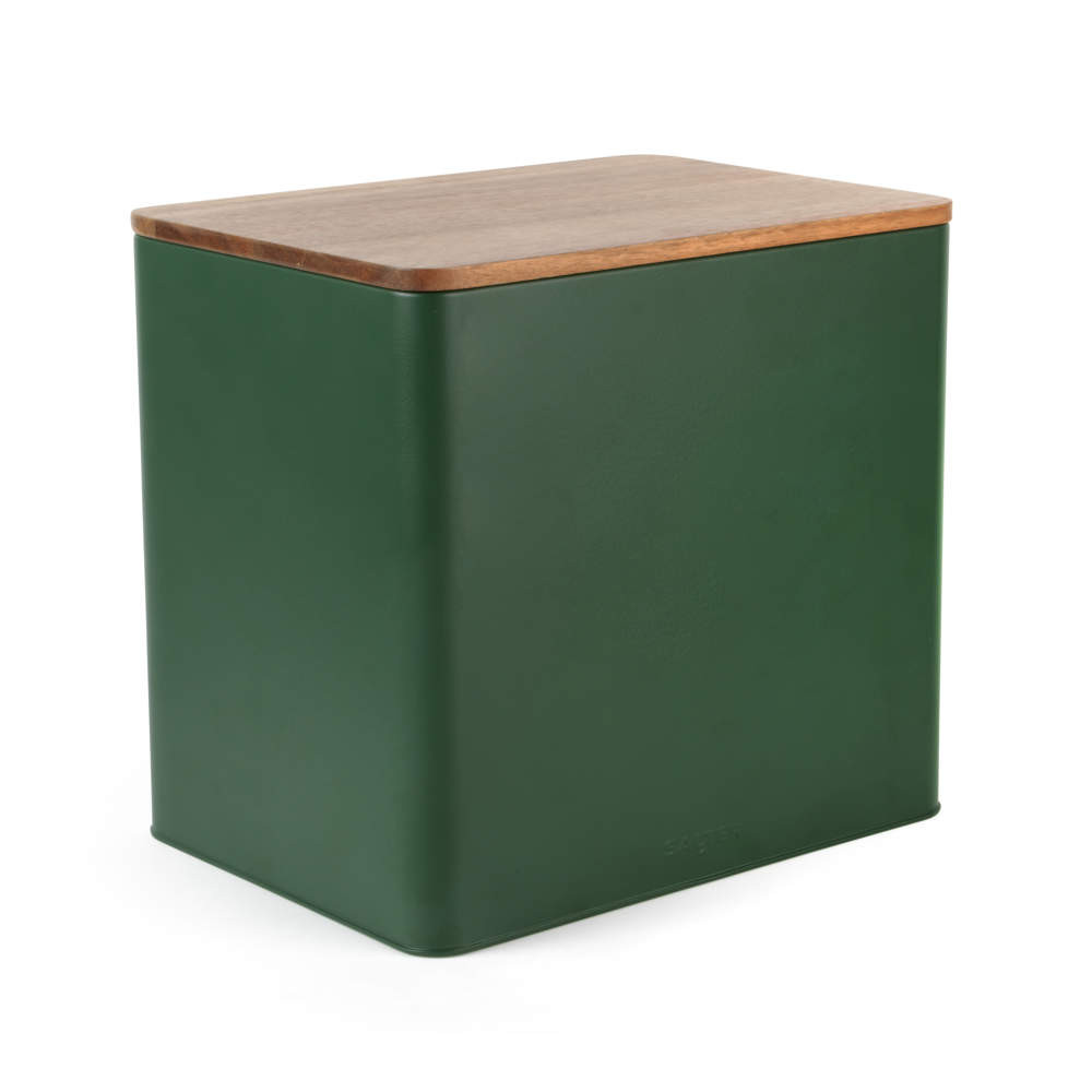 Green metal storage bin with wood-effect lid, shown at a slight angle.