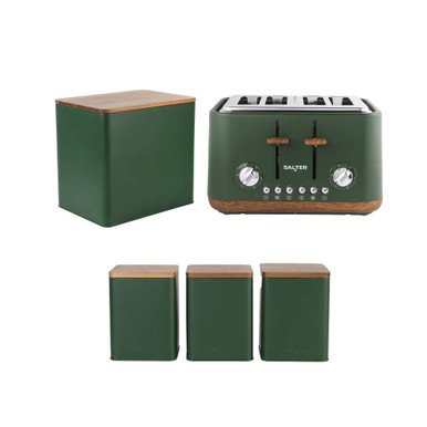 Green Salter four-slice toaster and matching kitchen storage canisters with wood-effect lids