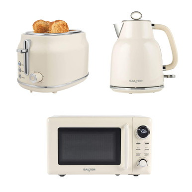 Cream kitchen set with toaster, kettle, and microwave, shown on white background
