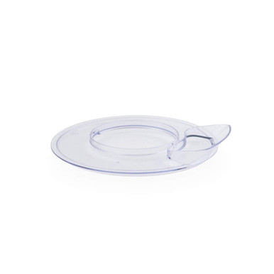 Clear plastic food processor lid with spout, shown on white background