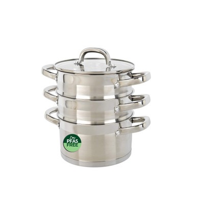 Three-tier stainless steel steamer pot set with glass lid and PFAS free label