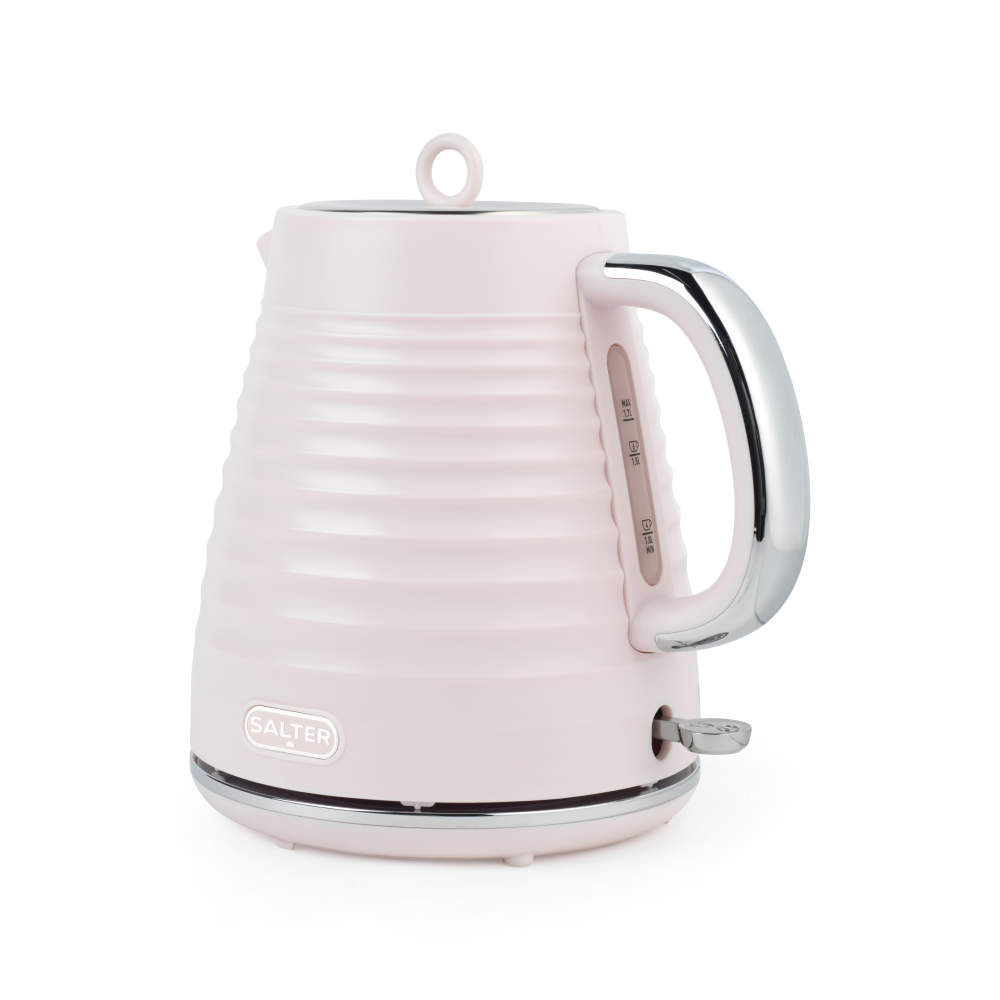 Pink Salter electric kettle with ribbed body and chrome handle