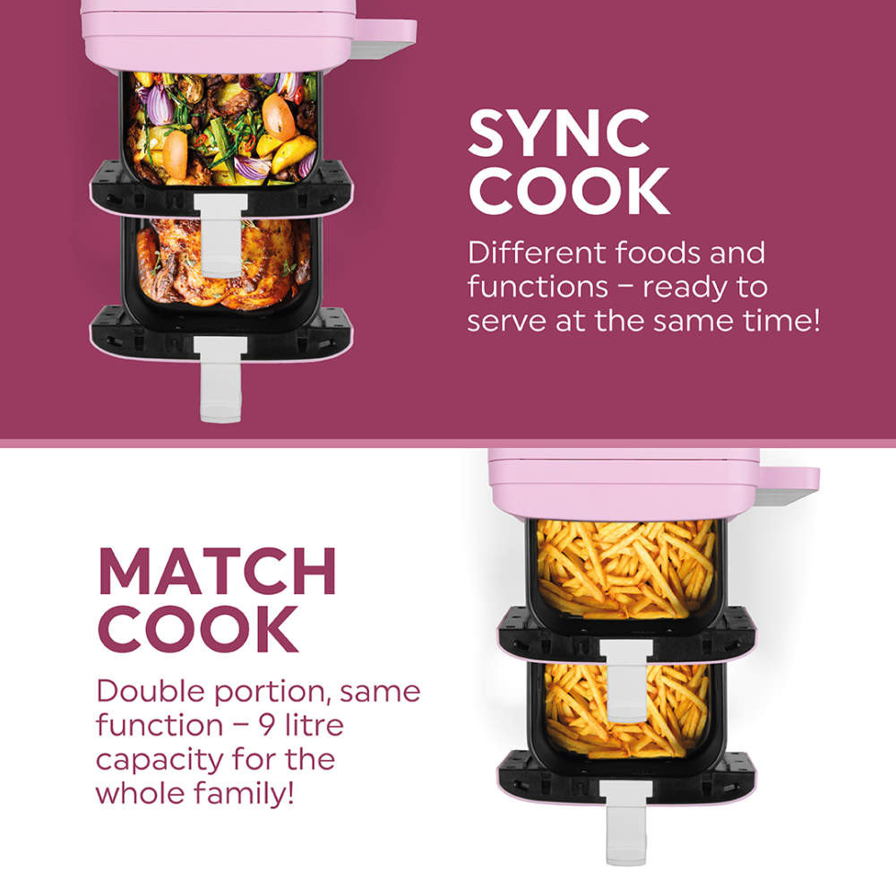 Pink dual-drawer air fryer graphic showing Sync Cook and Match Cook functions