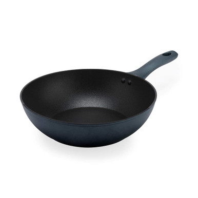 Blue non-stick wok with handle, shown at an angle on a white background